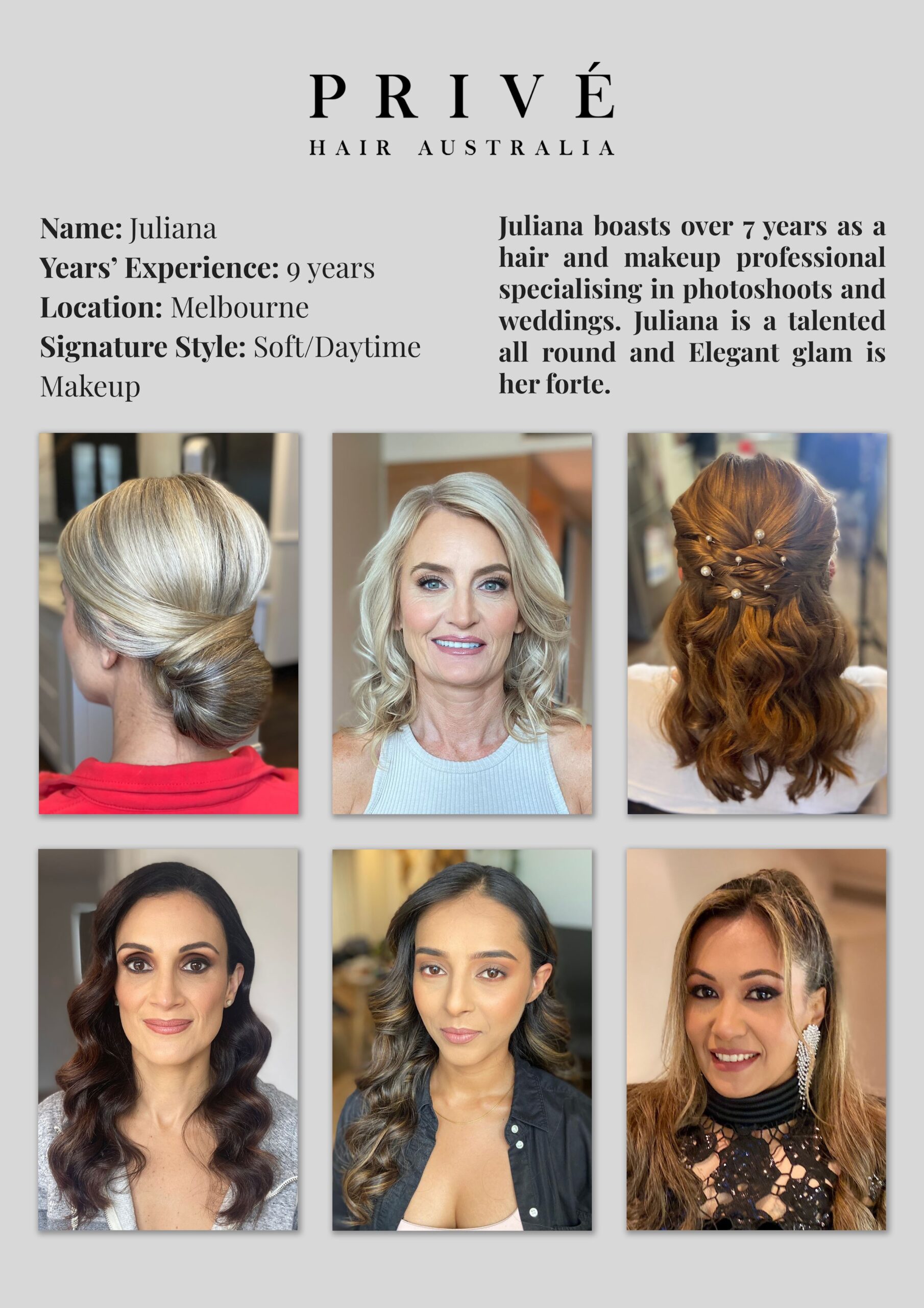 Privé Mobile Hair & Makeup Artist Portfolio Juliana in Melbourne